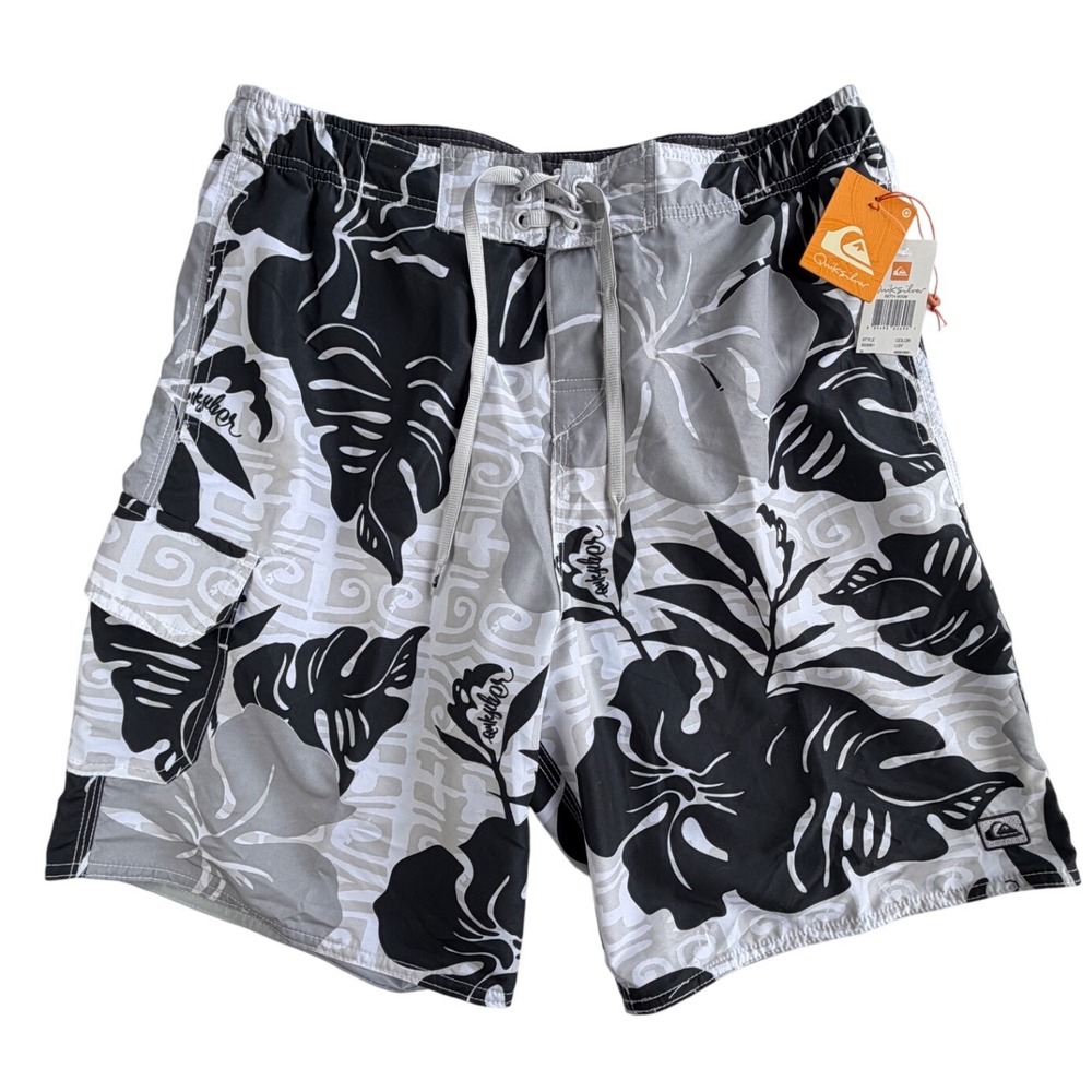 Vintage Y2K Quiksilver Hawaiian Board Shorts Mens M Gray Black Floral Swim Trunk